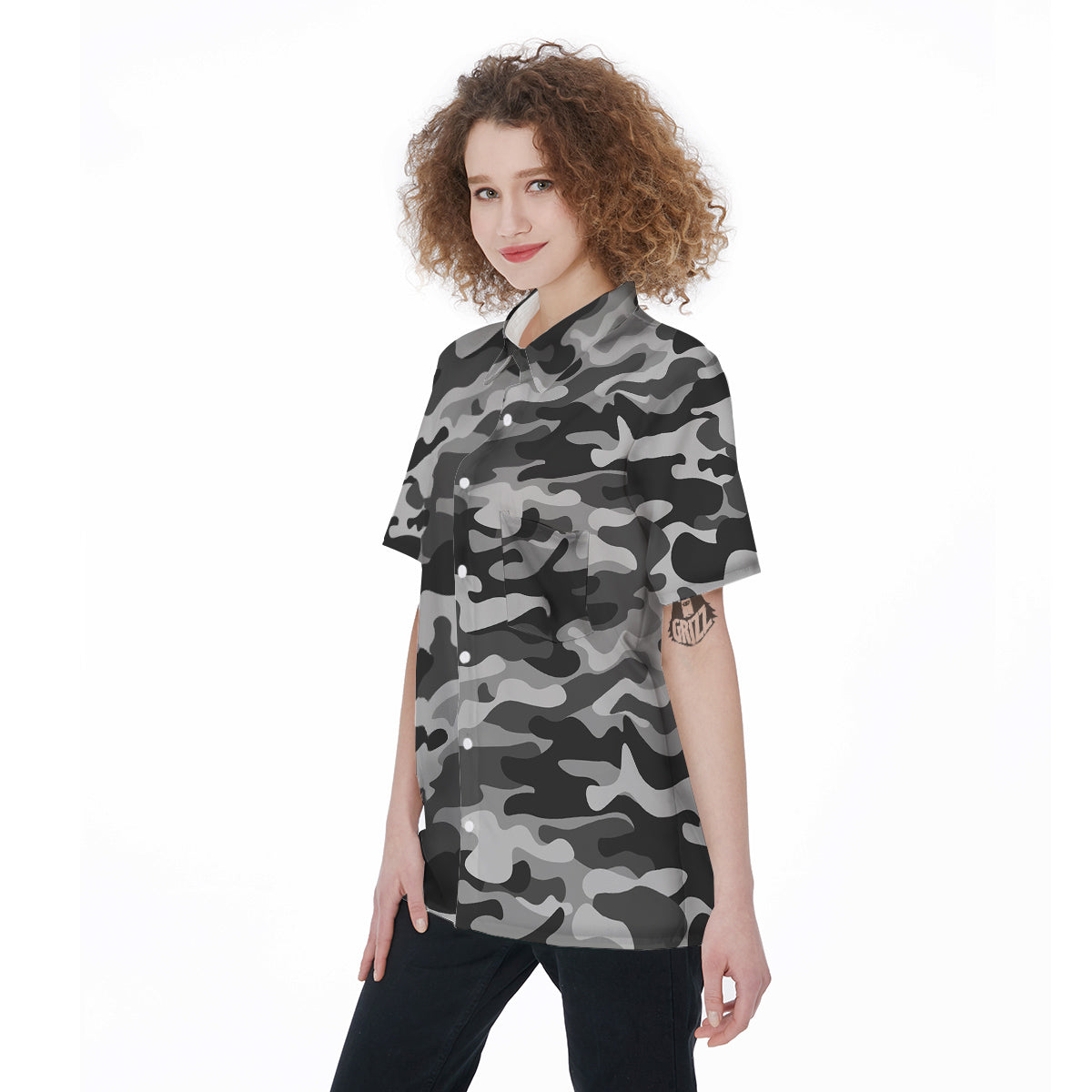 Grey Camo And Camouflage Print Women's Short Sleeve Shirts-grizzshop