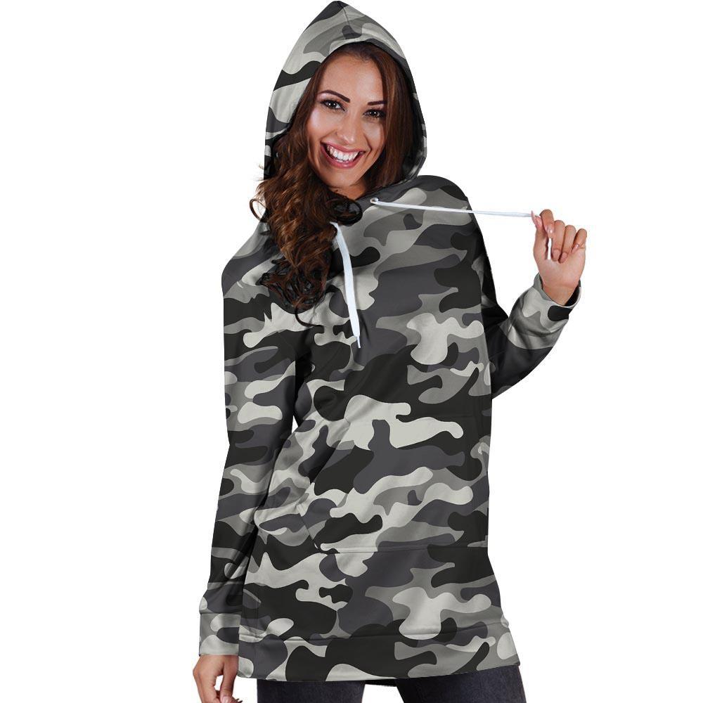 Grey Camouflage Print Hoodie Dress-grizzshop