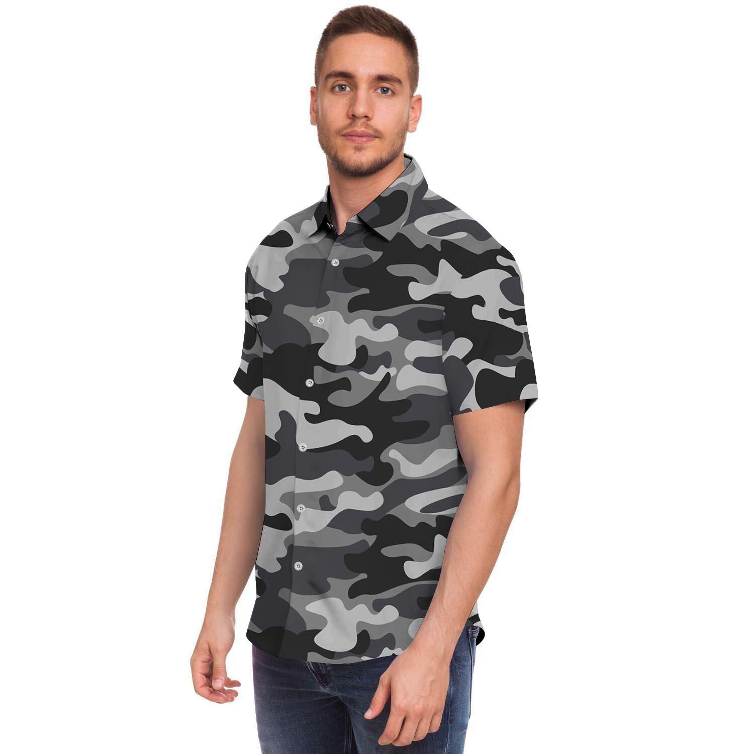 Grey Camouflage Print Men's Short Sleeve Shirt-grizzshop