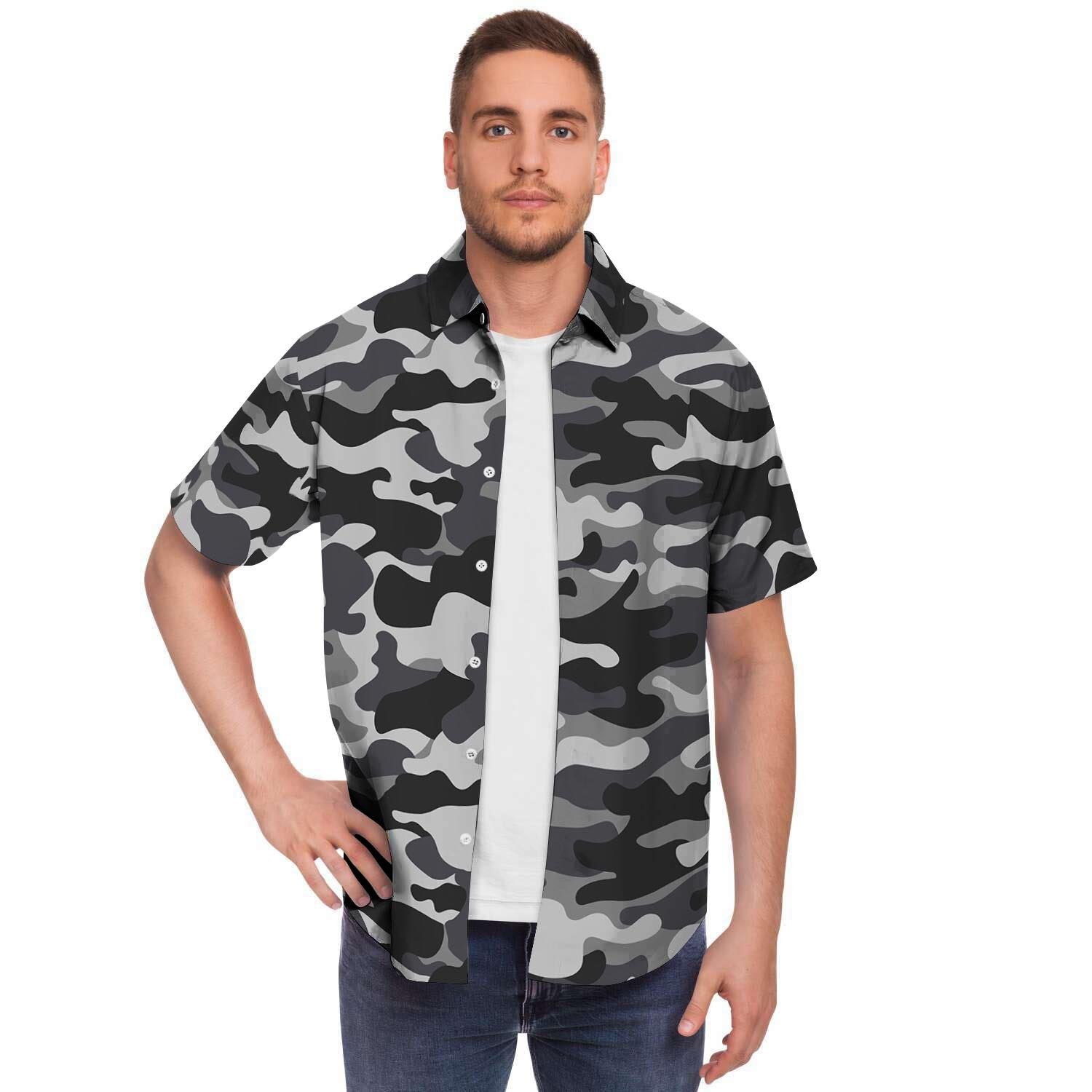 Grey Camouflage Print Men's Short Sleeve Shirt-grizzshop