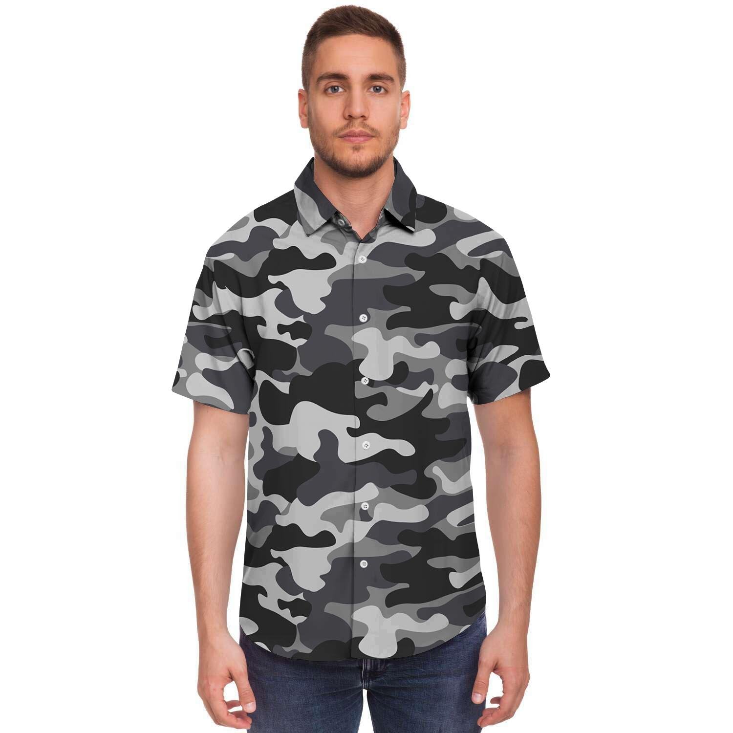 Grey Camouflage Print Men's Short Sleeve Shirt-grizzshop