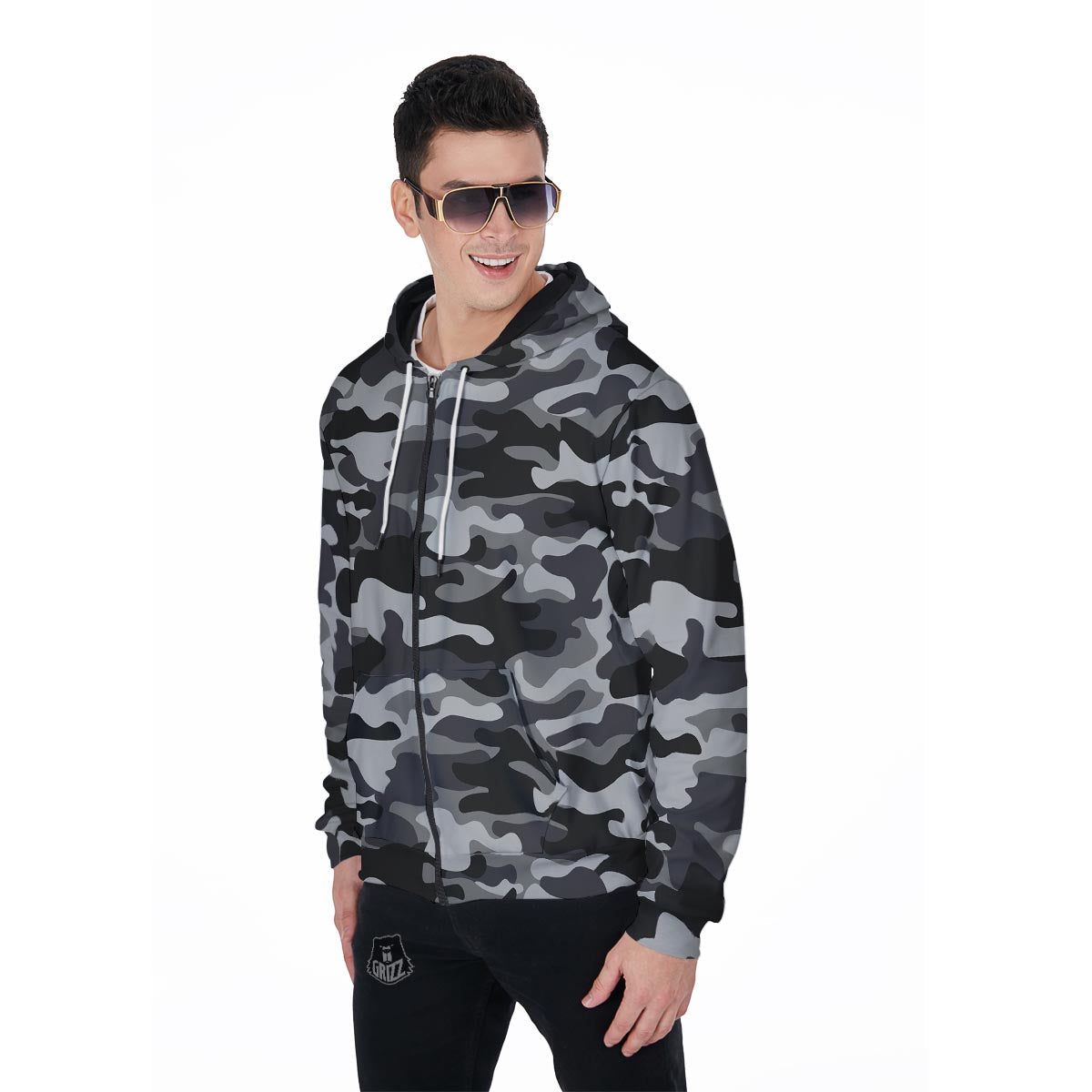 Grey Camouflage Print Men's Zip Up Hoodie-grizzshop