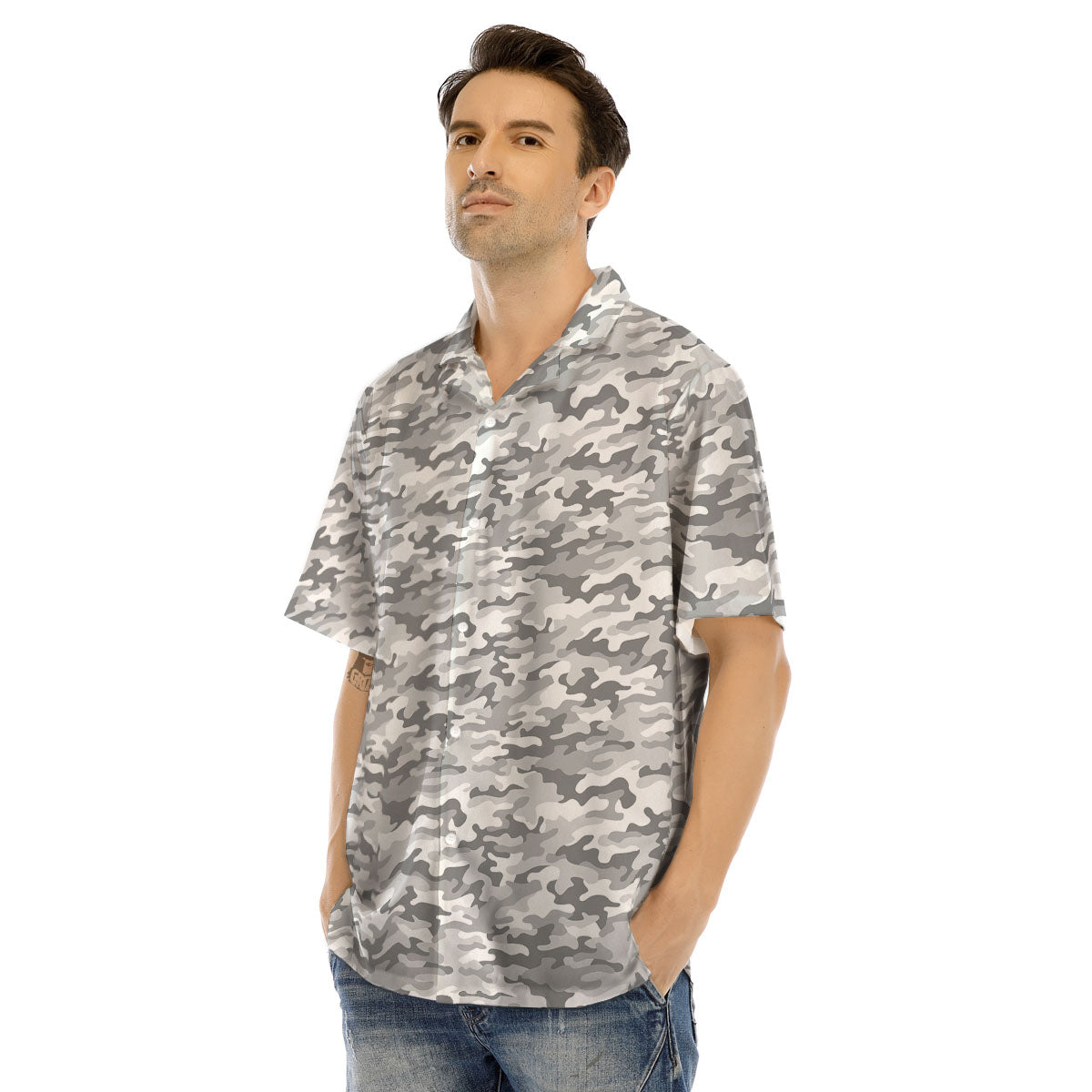 Grey Camouflage Print Pattern Men's Hawaiian Shirt-grizzshop