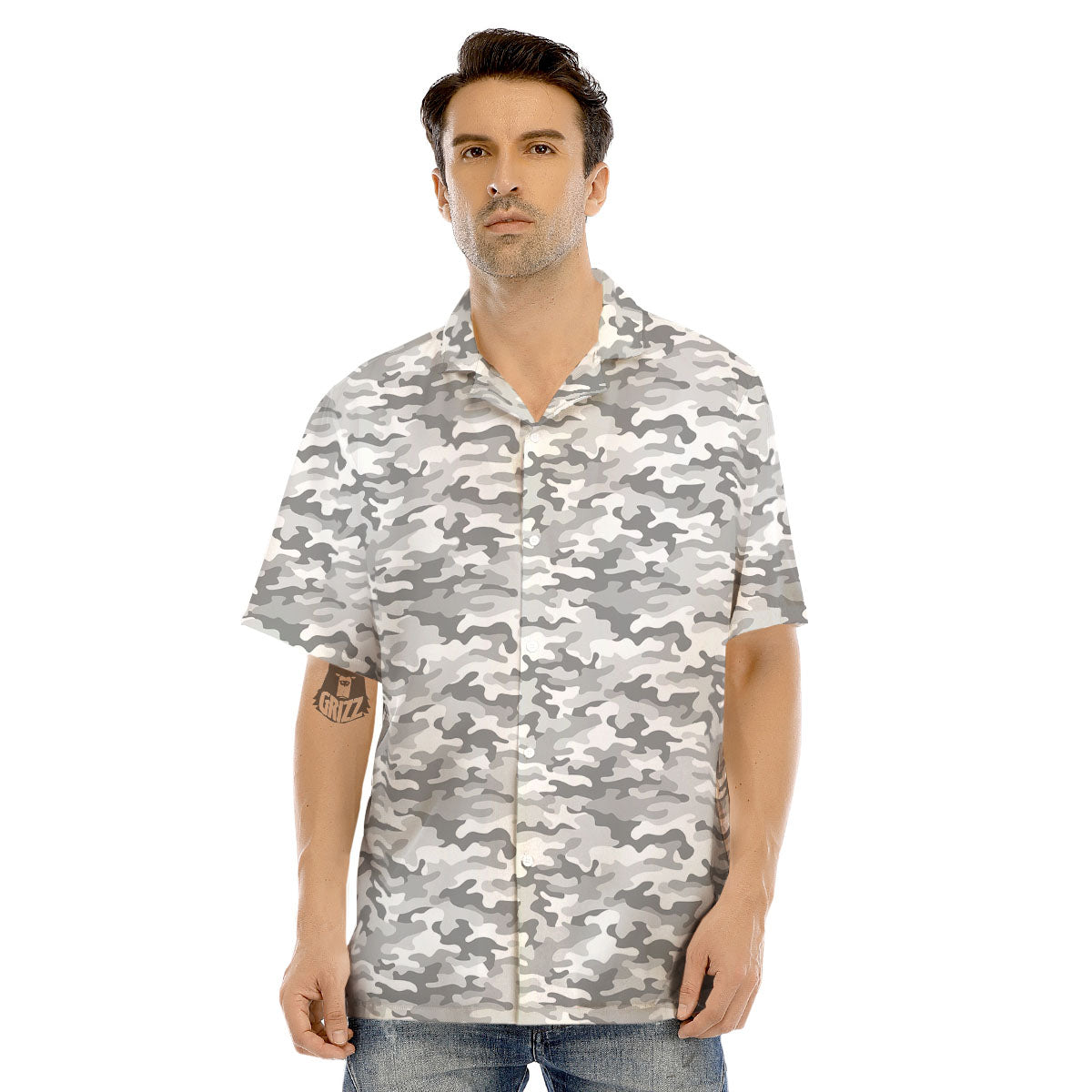 Grey Camouflage Print Pattern Men's Hawaiian Shirt-grizzshop