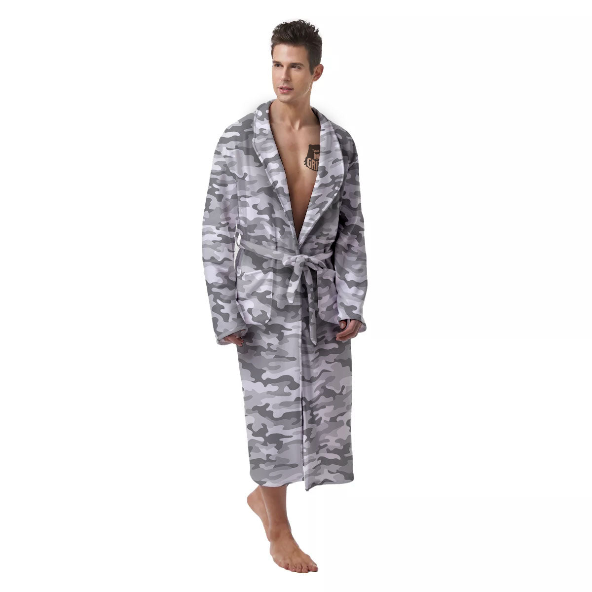 Grey Camouflage Print Pattern Men's Robe-grizzshop