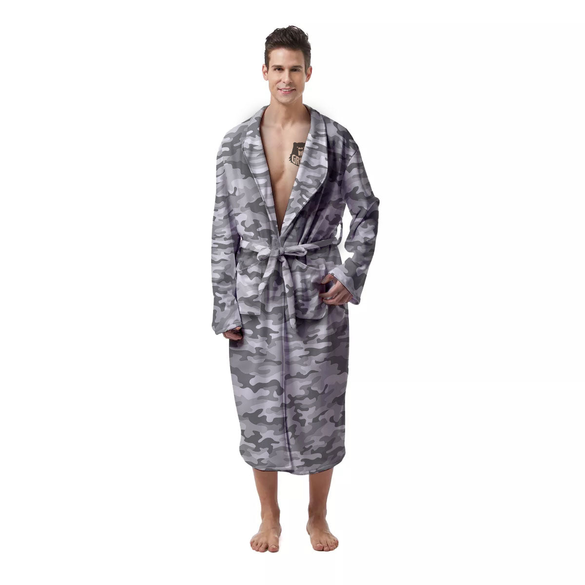 Grey Camouflage Print Pattern Men's Robe-grizzshop