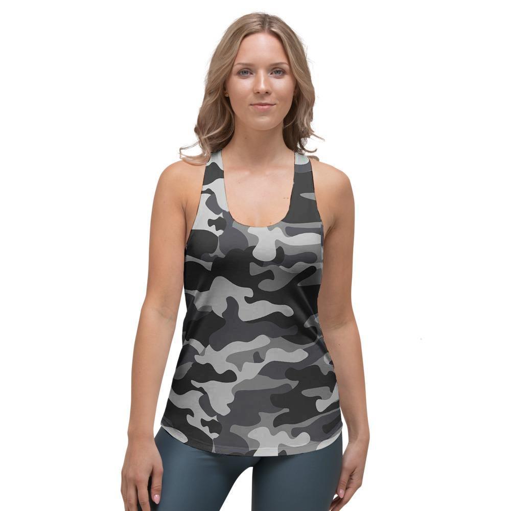 Grey Camouflage Print Women's Racerback Tank Top-grizzshop