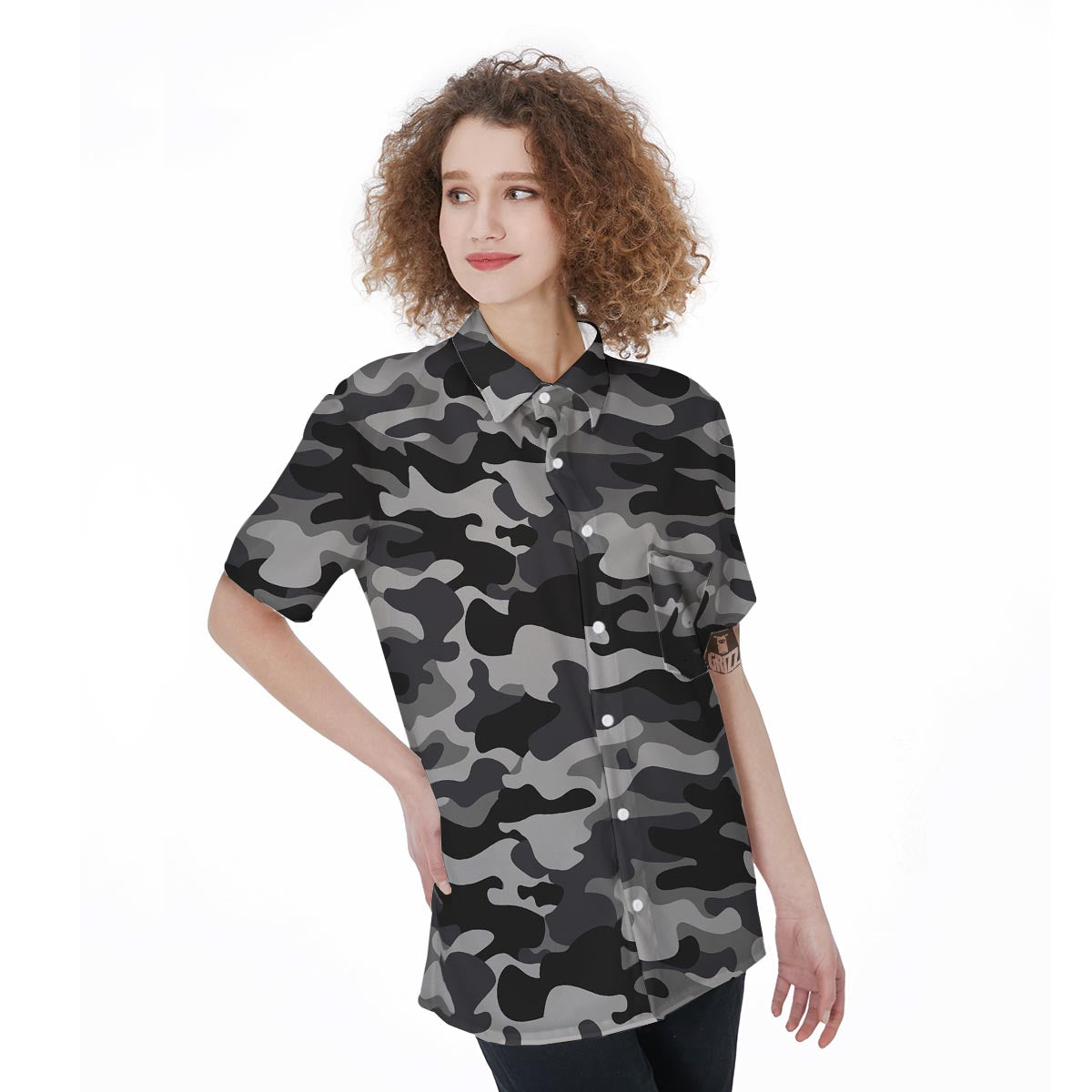 Grey Camouflage Print Women's Short Sleeve Shirts-grizzshop