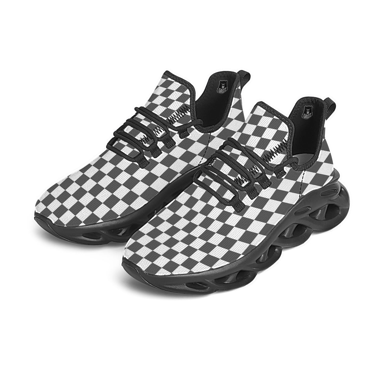 Grey Checkered Flag Print Black Running Shoes-grizzshop