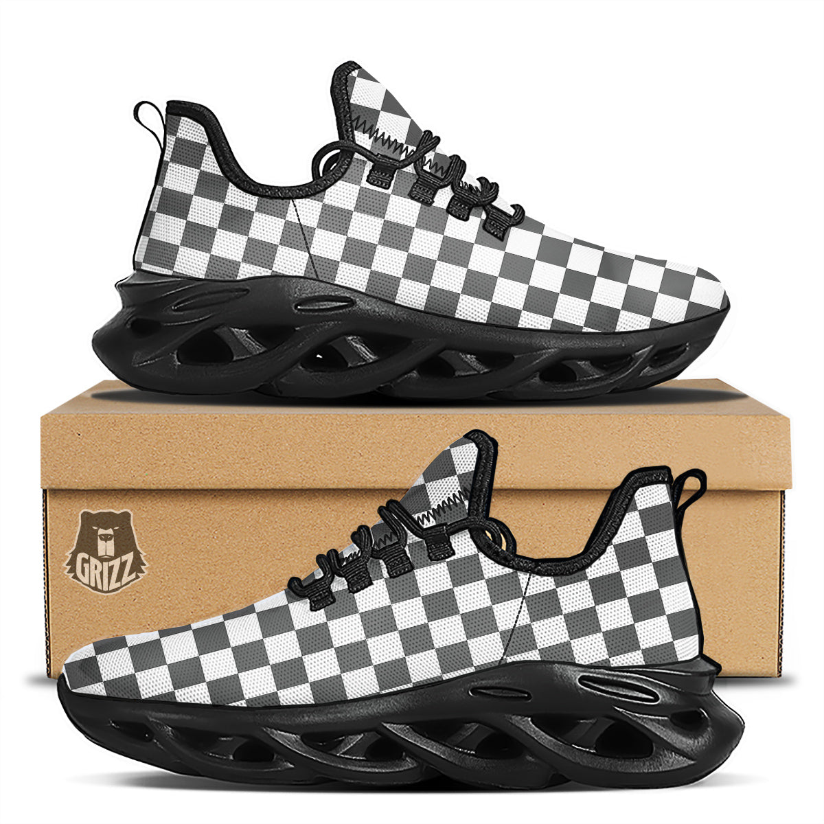 Grey Checkered Flag Print Black Running Shoes-grizzshop