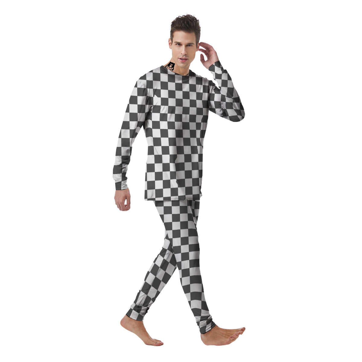 Grey Checkered Flag Print Men's Pajamas-grizzshop