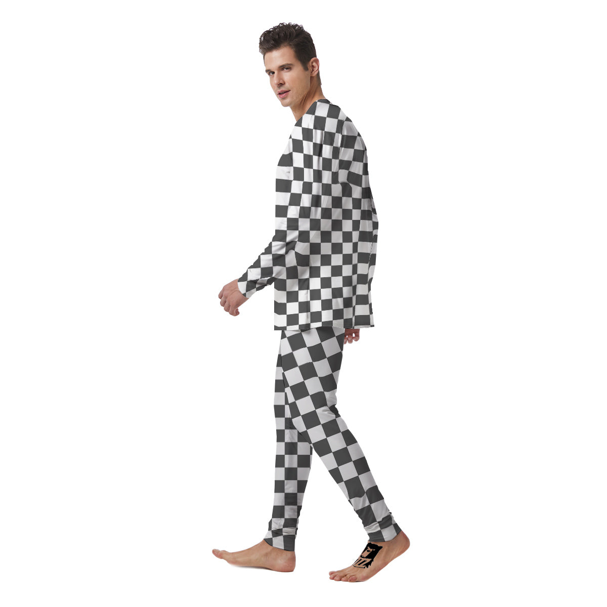 Grey Checkered Flag Print Men's Pajamas-grizzshop