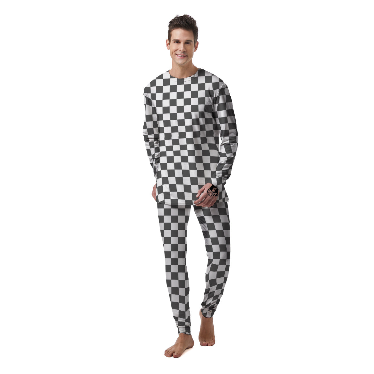 Grey Checkered Flag Print Men's Pajamas-grizzshop