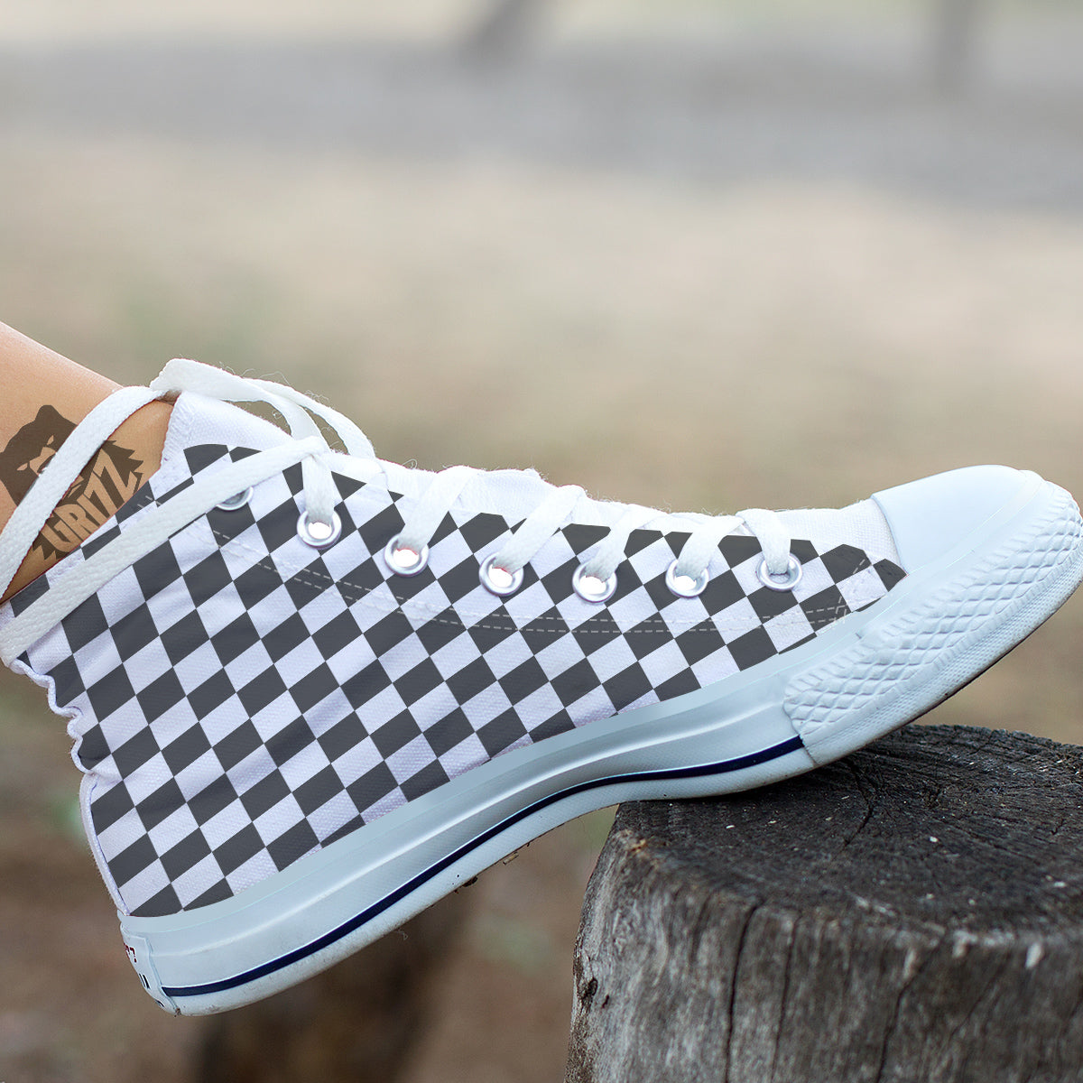 Grey Checkered Flag Print White High Top Shoes-grizzshop