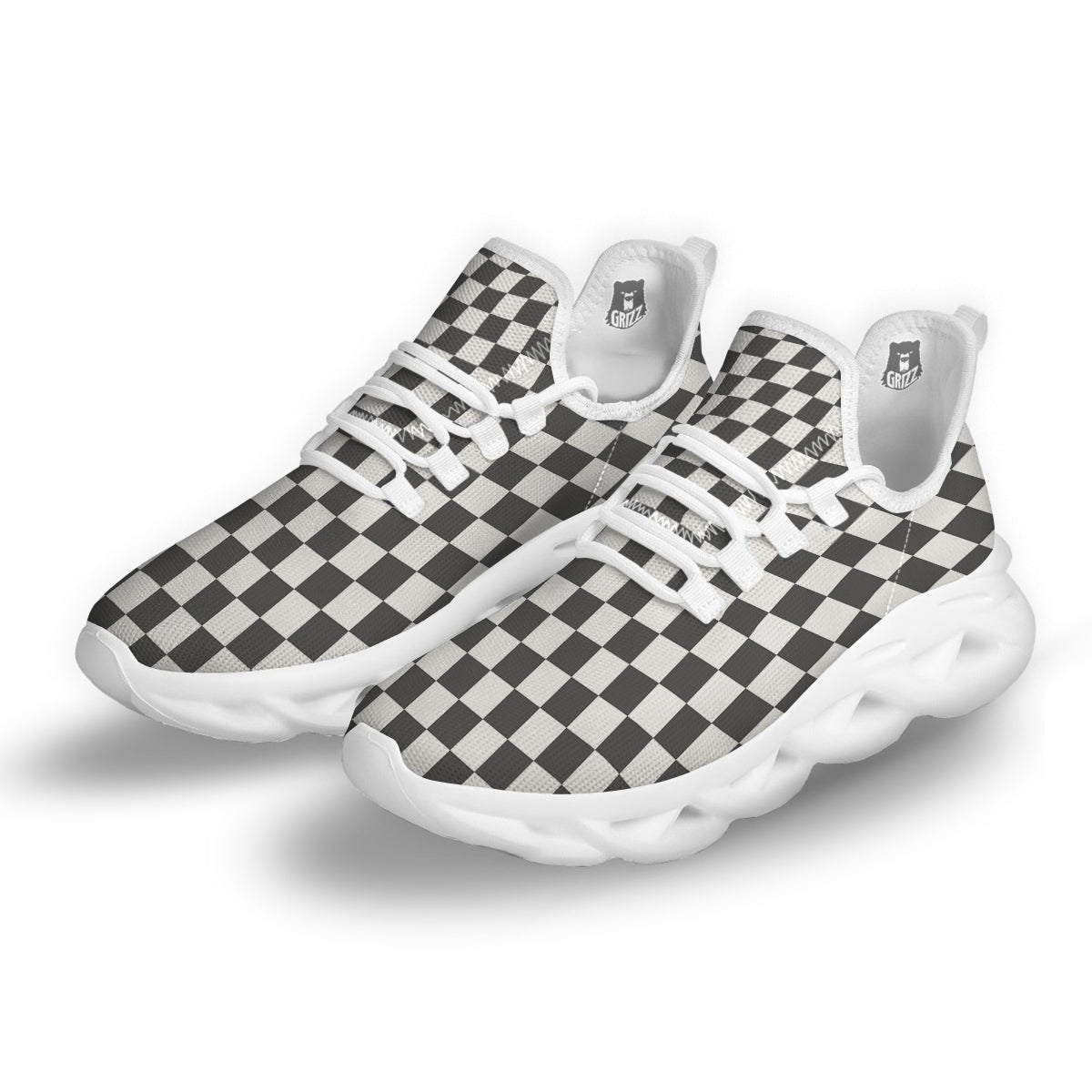 Grey Checkered Flag Print White Running Shoes-grizzshop