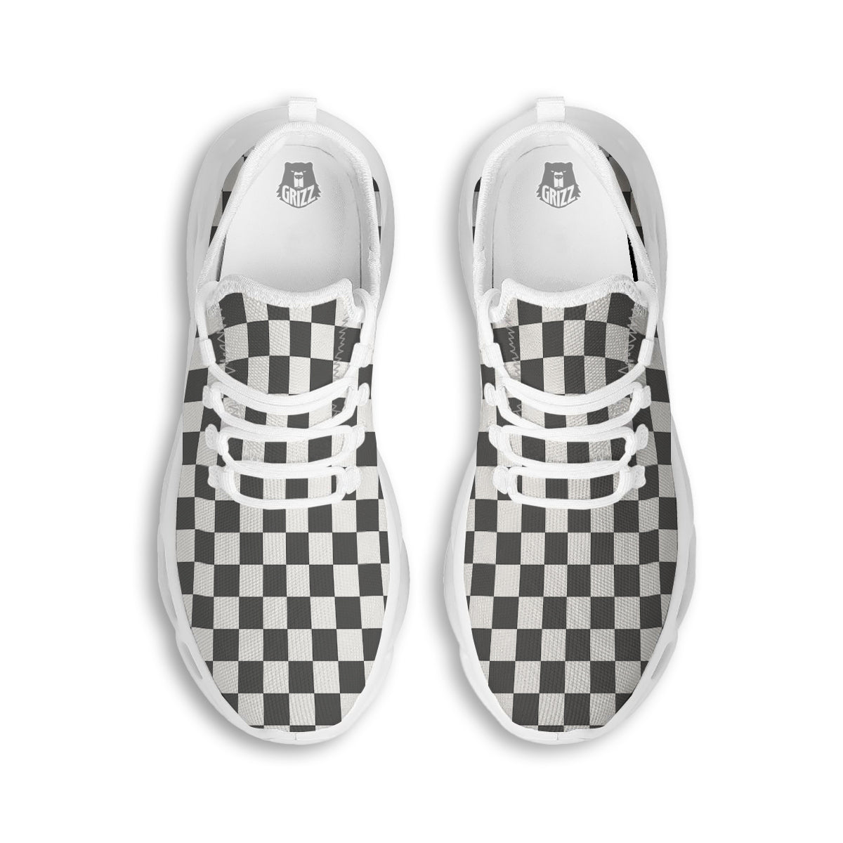 Grey Checkered Flag Print White Running Shoes-grizzshop
