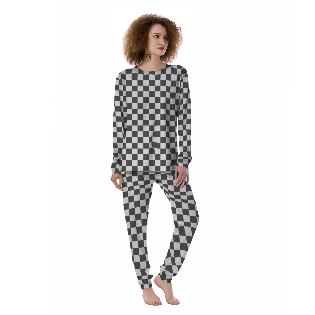 Grey Checkered Flag Print Women's Pajamas-grizzshop