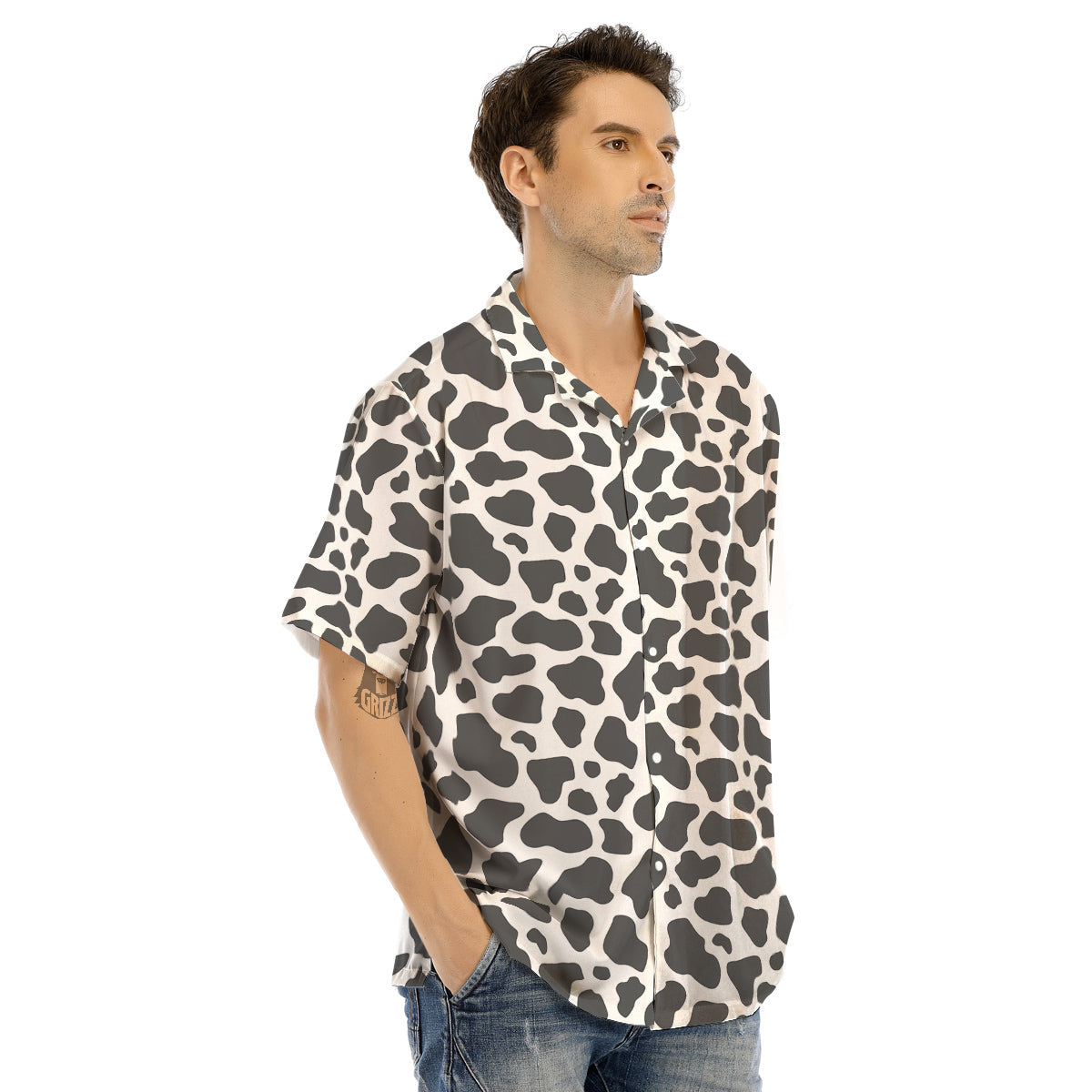 Grey Cow Print Pattern Men’s Hawaiian Shirt-grizzshop