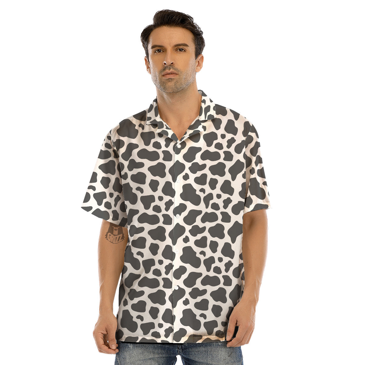 Grey Cow Print Pattern Men’s Hawaiian Shirt-grizzshop