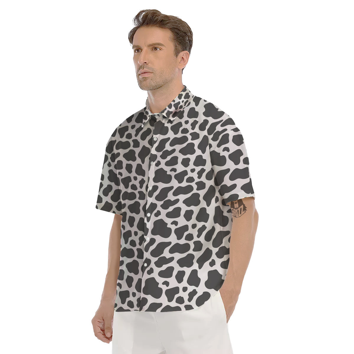 Grey Cow Print Pattern Men's Short Sleeve Shirts-grizzshop