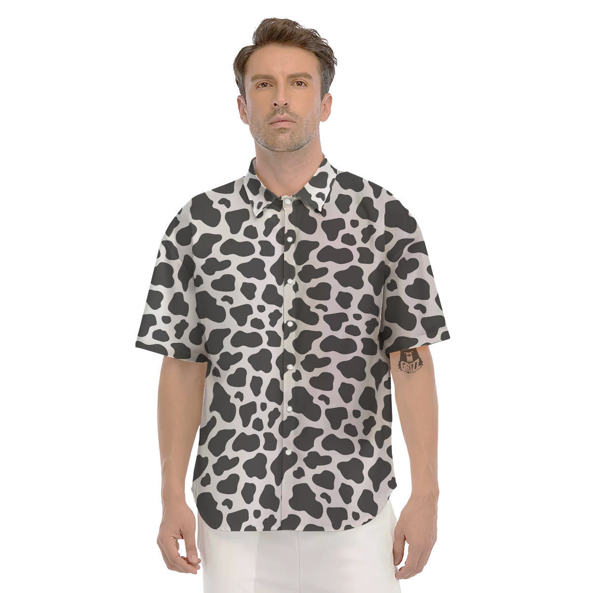 Grey Cow Print Pattern Men's Short Sleeve Shirts-grizzshop