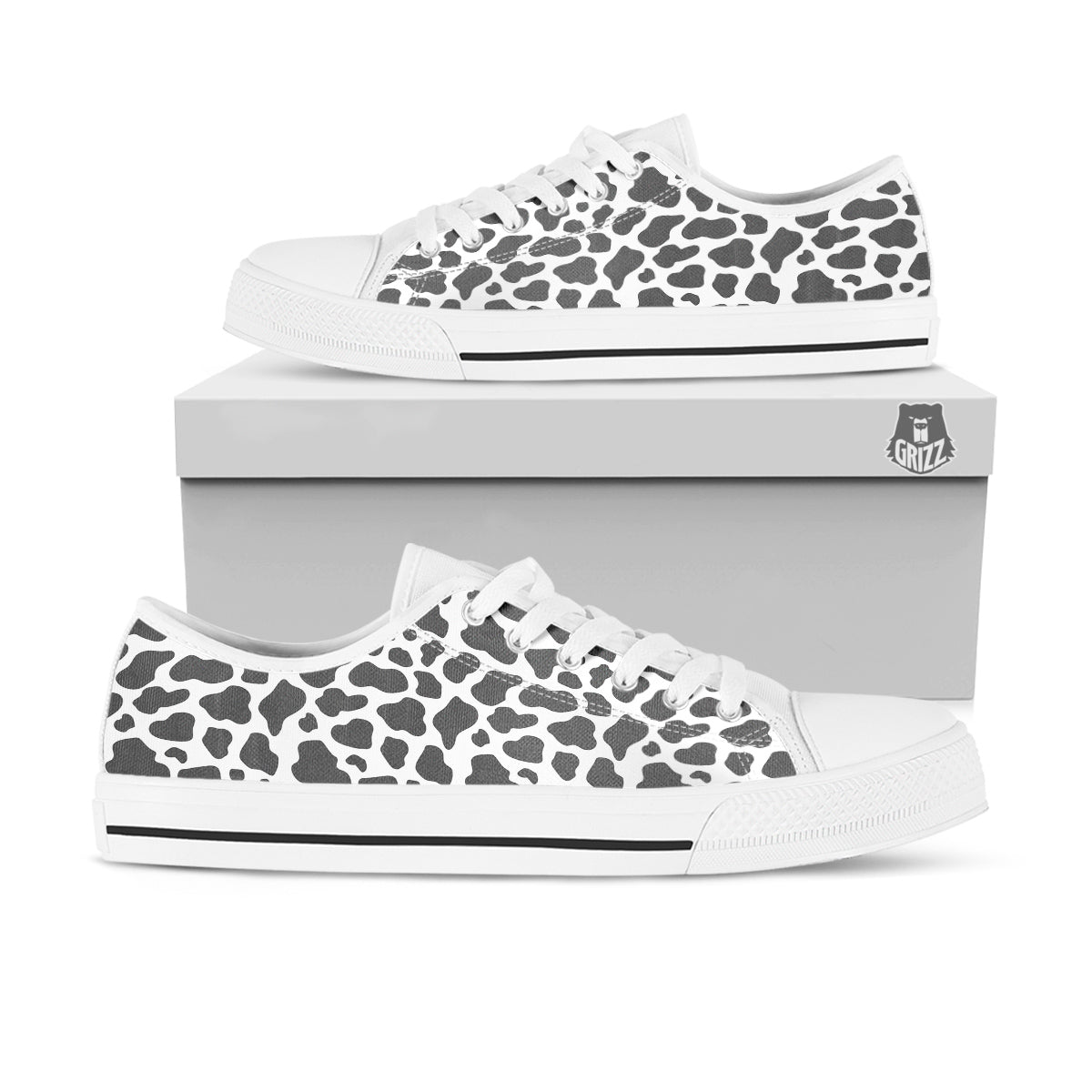 Grey Cow Print Pattern White Low Top Shoes-grizzshop
