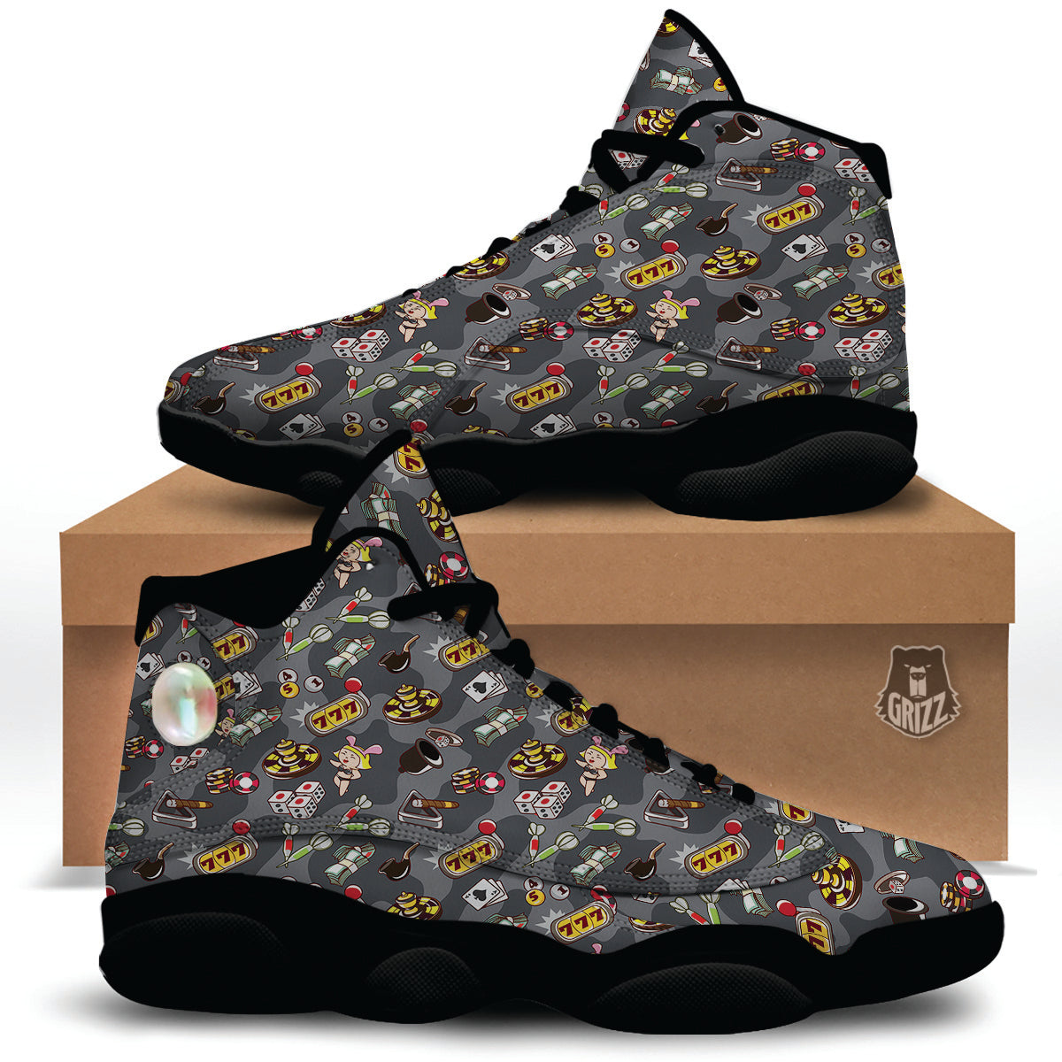 Grey Cute Casino Print Pattern Black Basketball Shoes-grizzshop