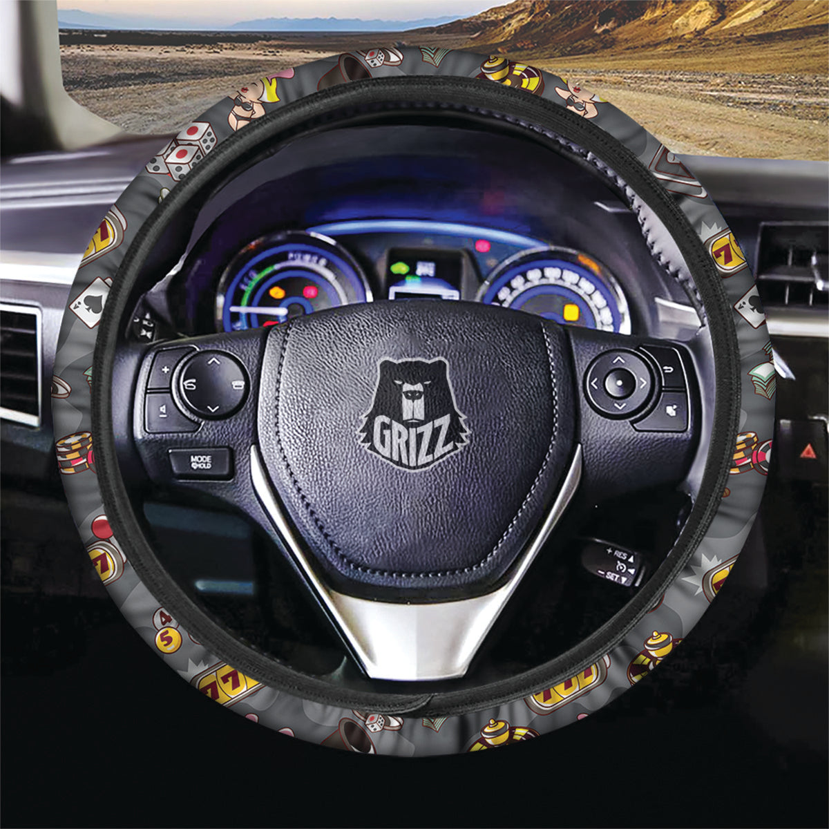 Grey Cute Casino Print Pattern Car Steering Wheel Cover-grizzshop