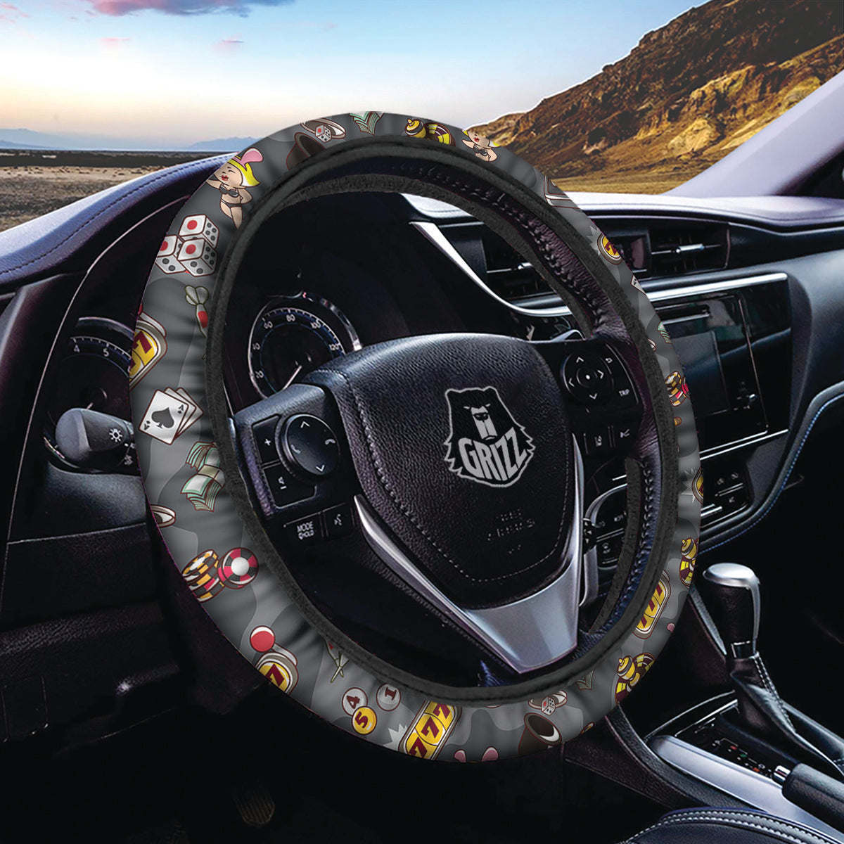 Grey Cute Casino Print Pattern Car Steering Wheel Cover-grizzshop