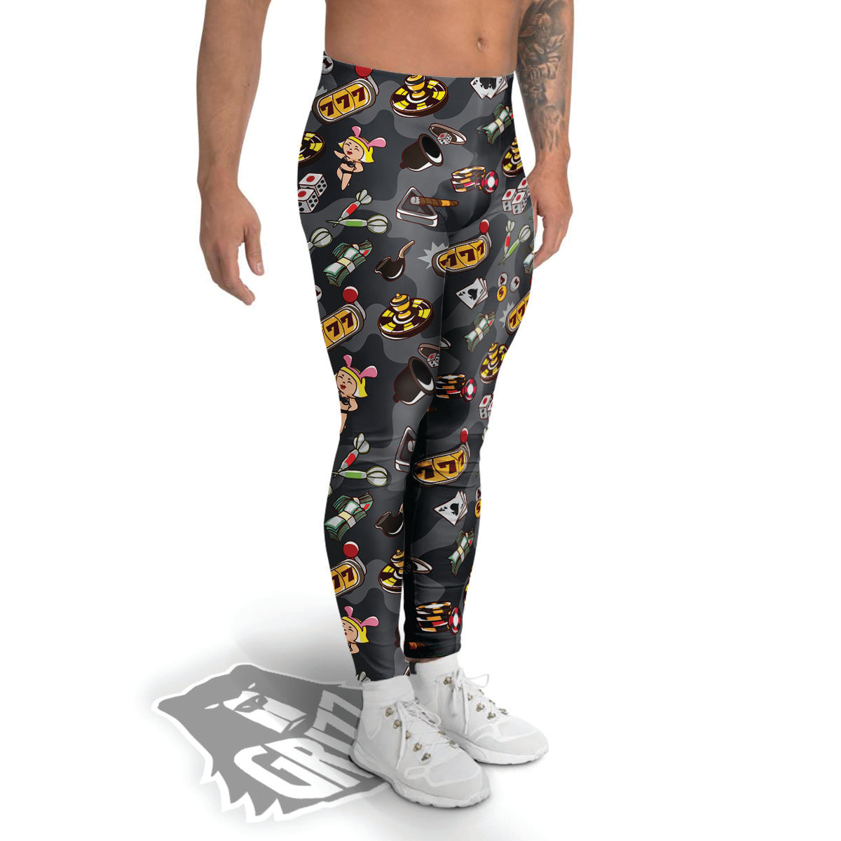 Grey Cute Casino Print Pattern Men's Leggings-grizzshop