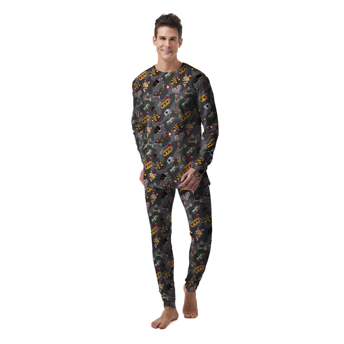 Grey Cute Casino Print Pattern Men's Pajamas-grizzshop