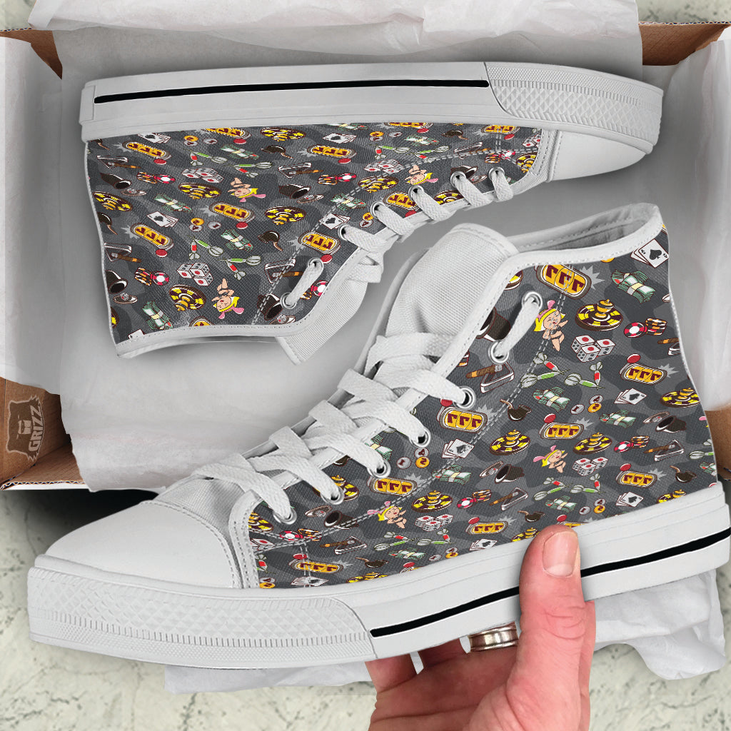 Grey Cute Casino Print Pattern White High Top Shoes-grizzshop