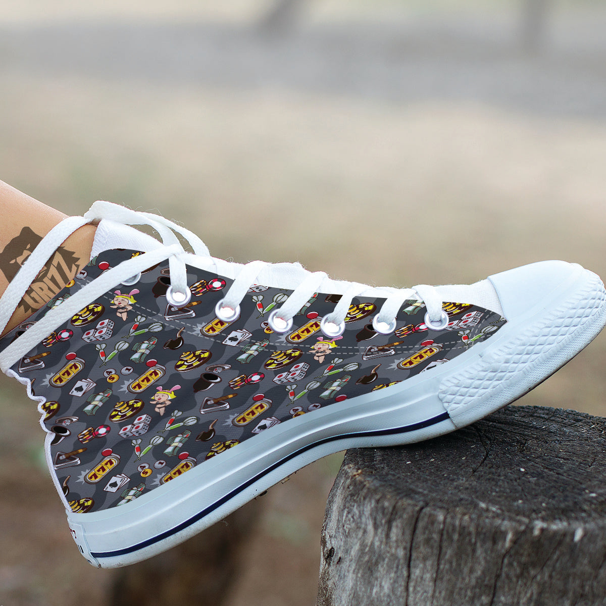 Grey Cute Casino Print Pattern White High Top Shoes-grizzshop