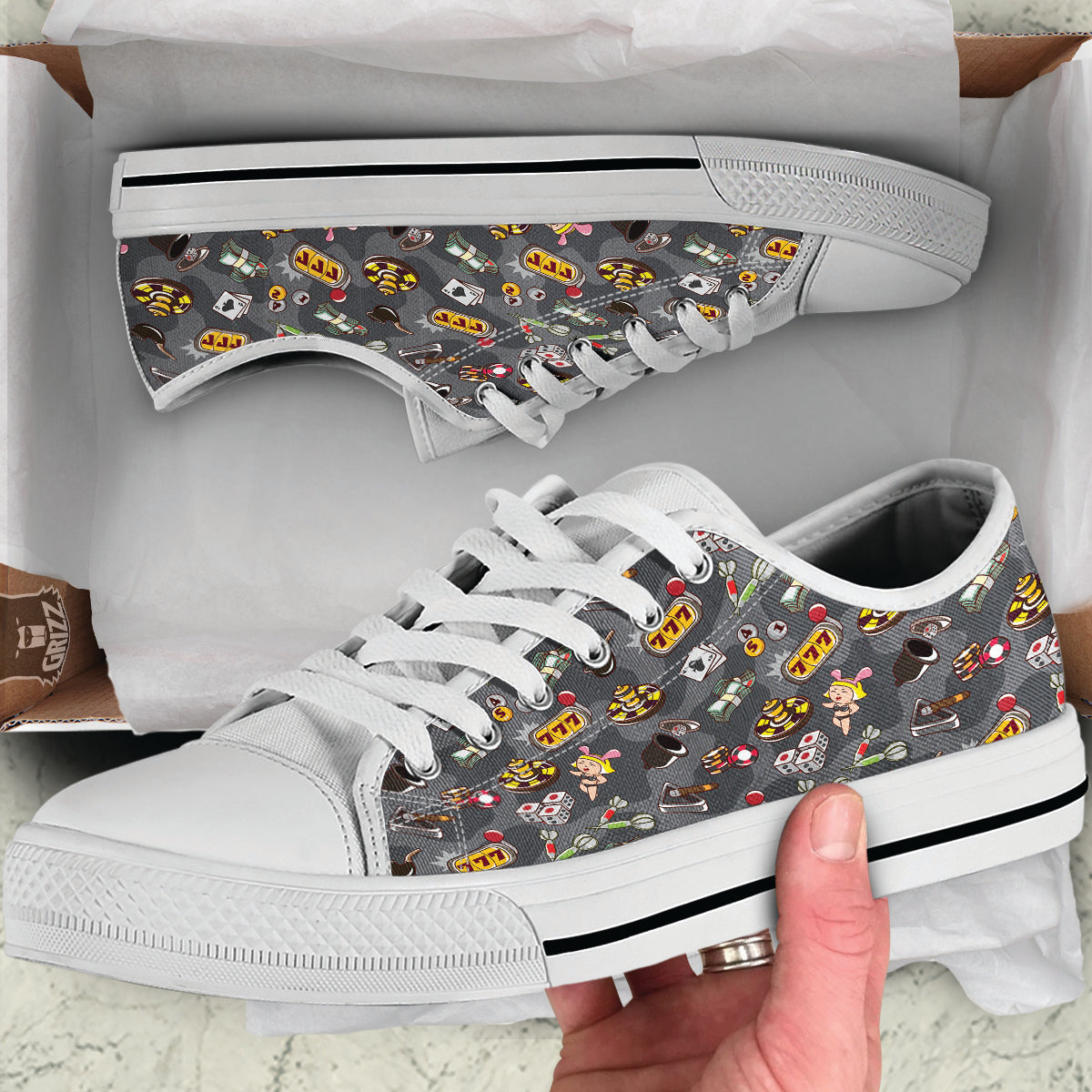 Grey Cute Casino Print Pattern White Low Top Shoes-grizzshop
