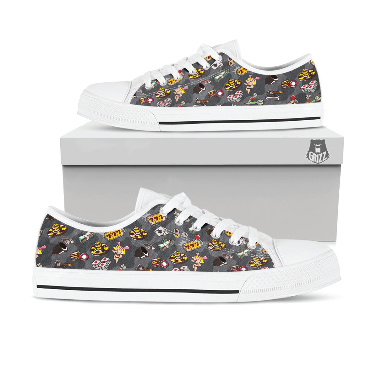 Grey Cute Casino Print Pattern White Low Top Shoes-grizzshop