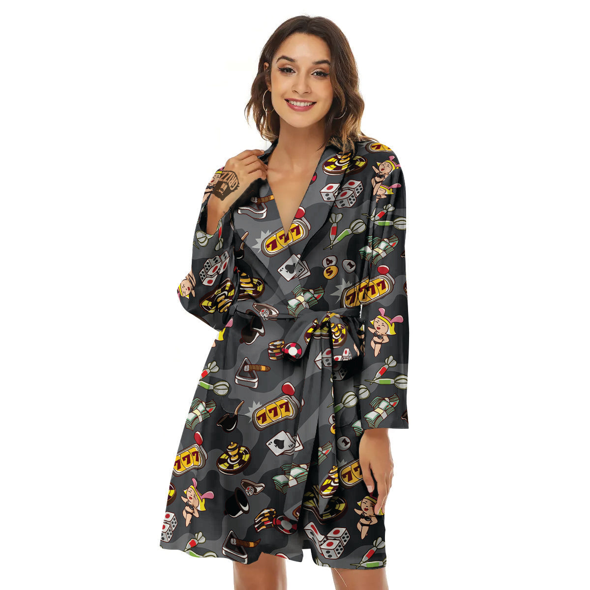Grey Cute Casino Print Pattern Women's Robe-grizzshop