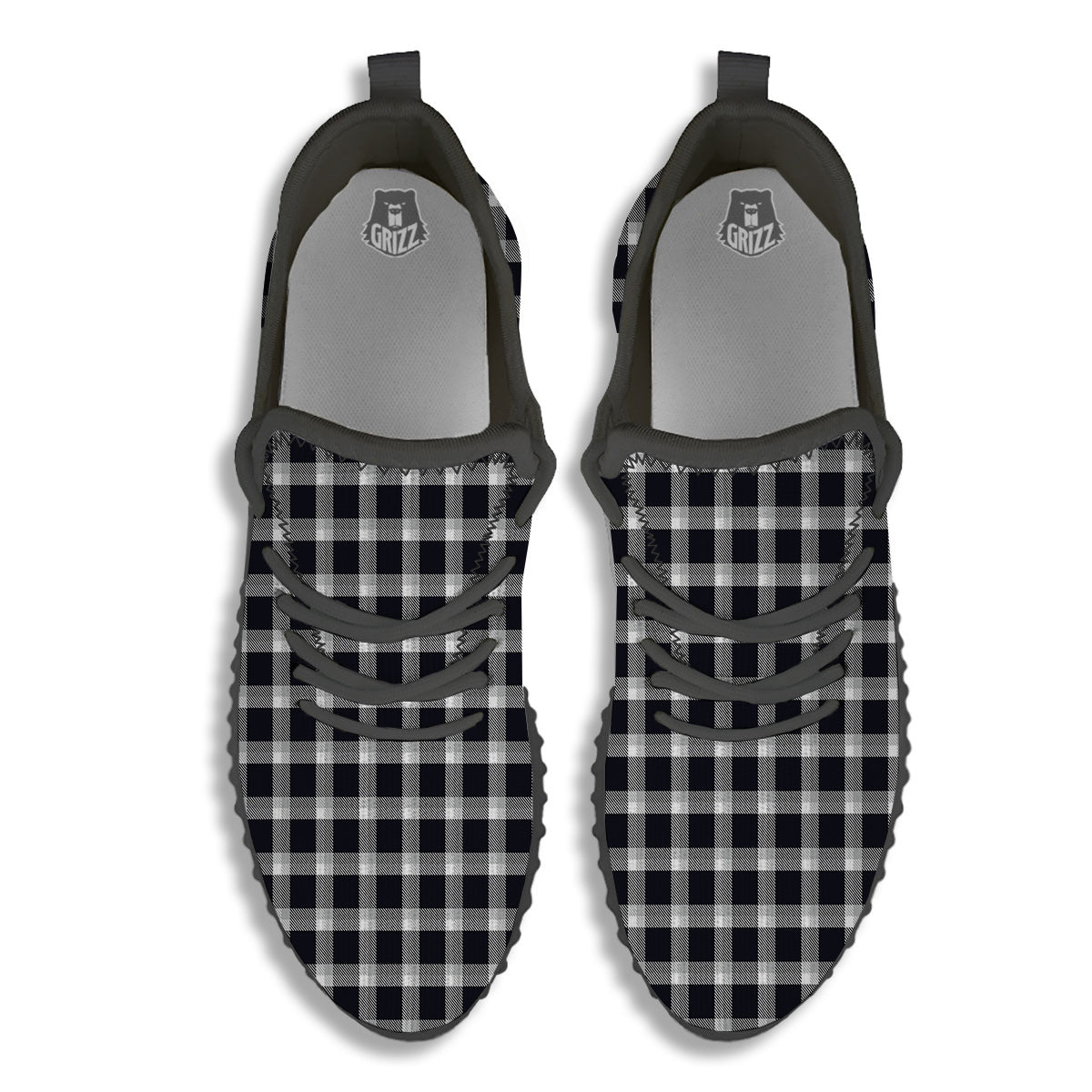 Grey Dark And White Gingham Print Black Walking Shoes-grizzshop