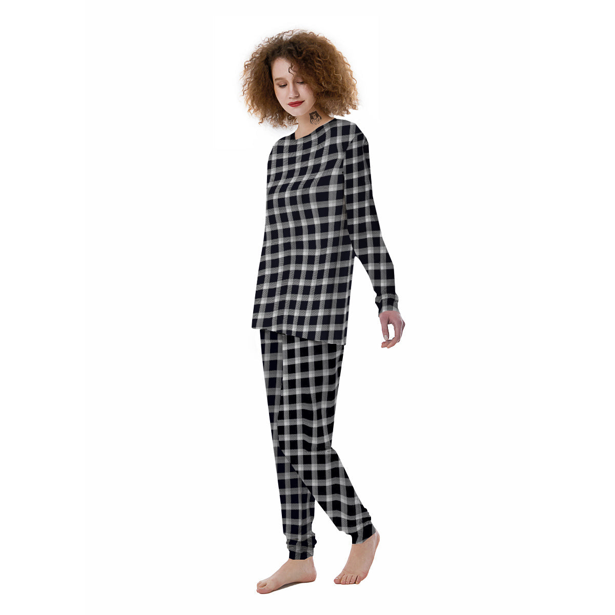 Grey Dark And White Gingham Print Women's Pajamas-grizzshop
