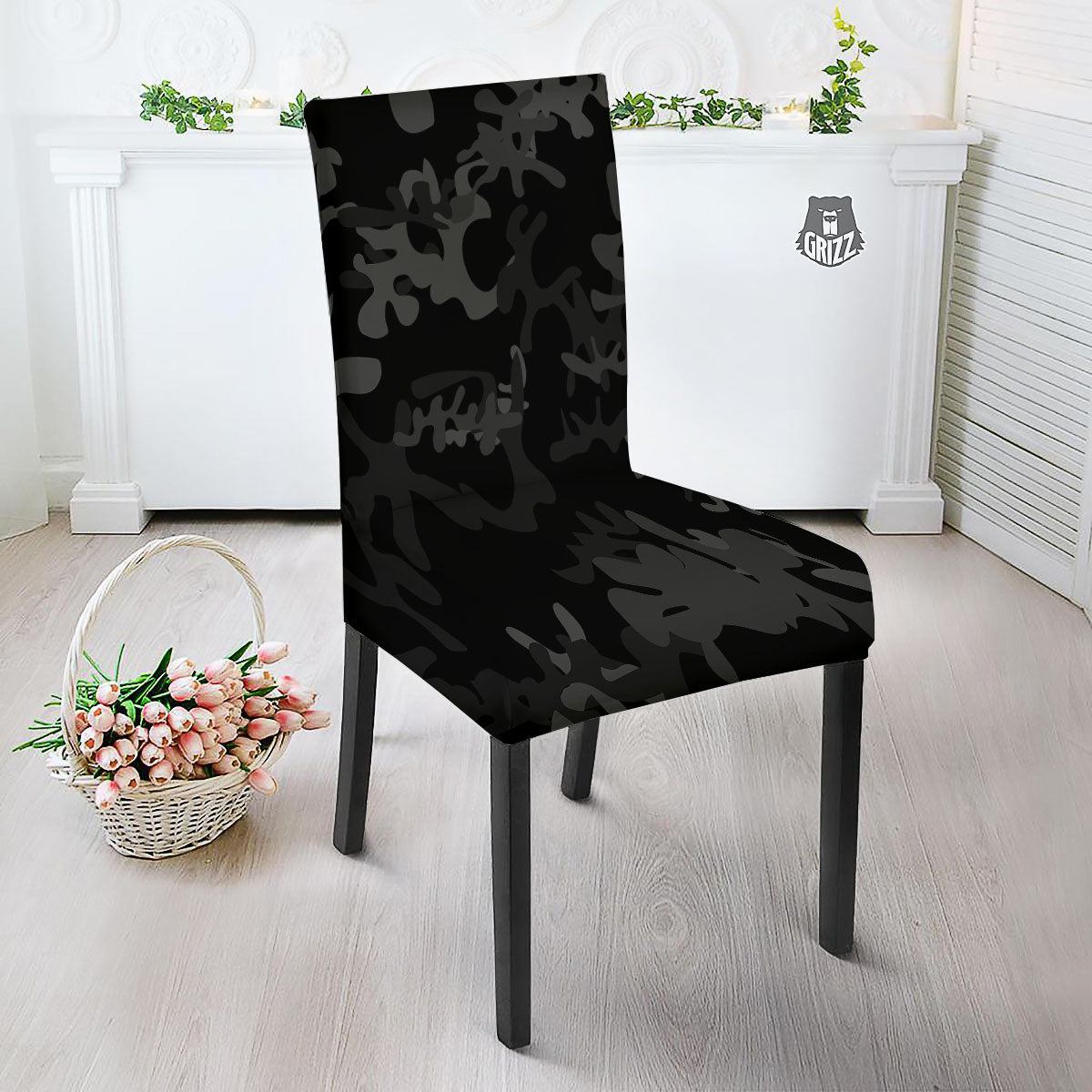 Grey Digital Camo Black Print Pattern Dining Chair Slipcover-grizzshop