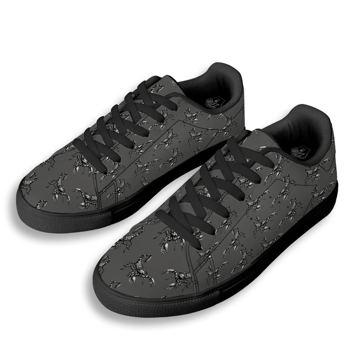 Grey Hand Drawn Scorpion Print Pattern Black Low Top Sneakers-grizzshop