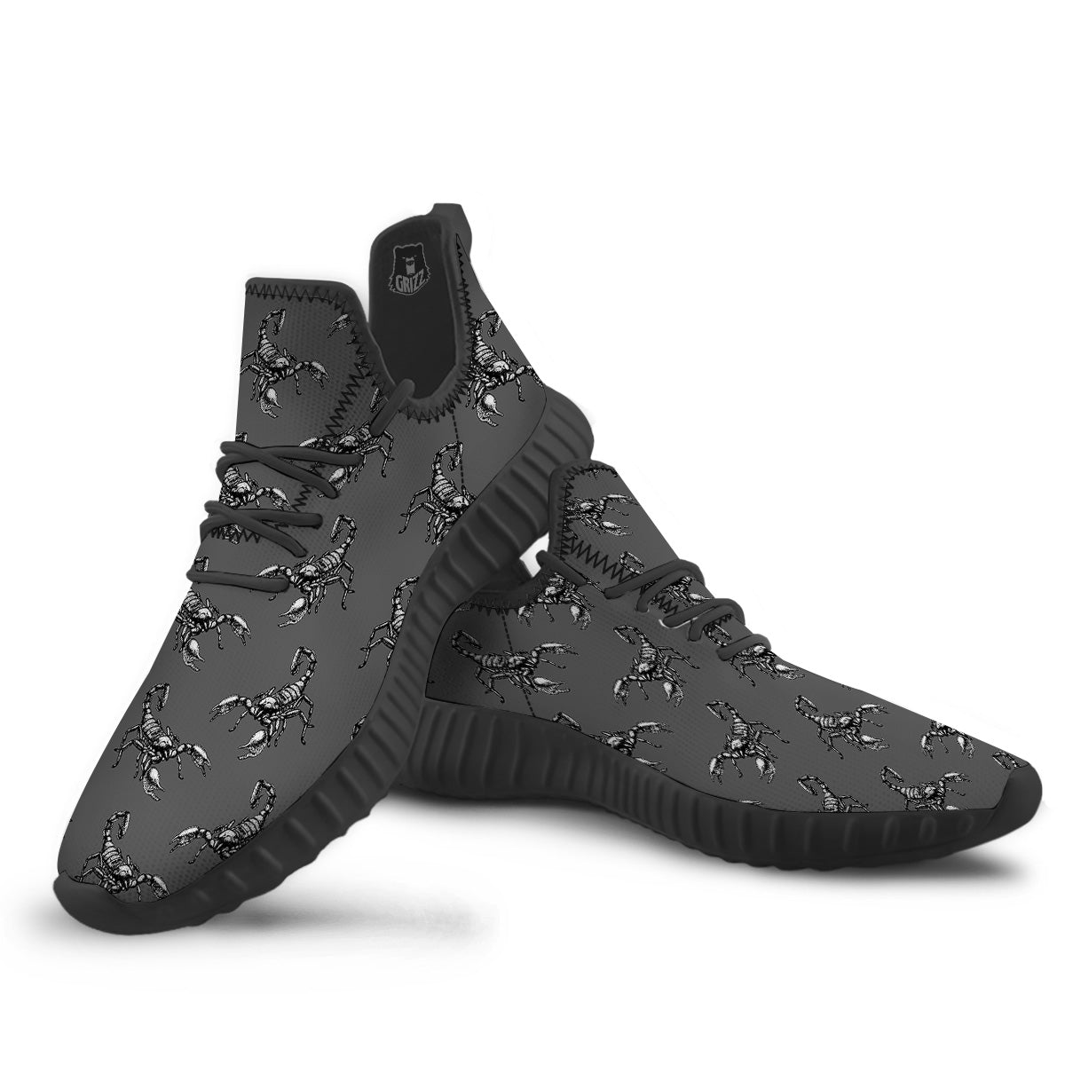 Grey Hand Drawn Scorpion Print Pattern Black Walking Shoes-grizzshop