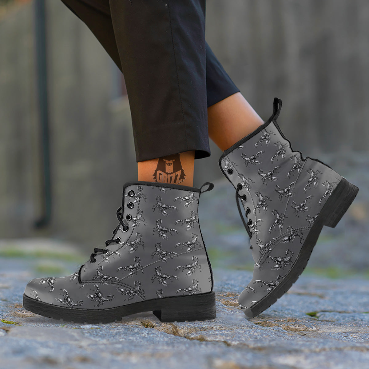 Grey Hand Drawn Scorpion Print Pattern Leather Boots-grizzshop