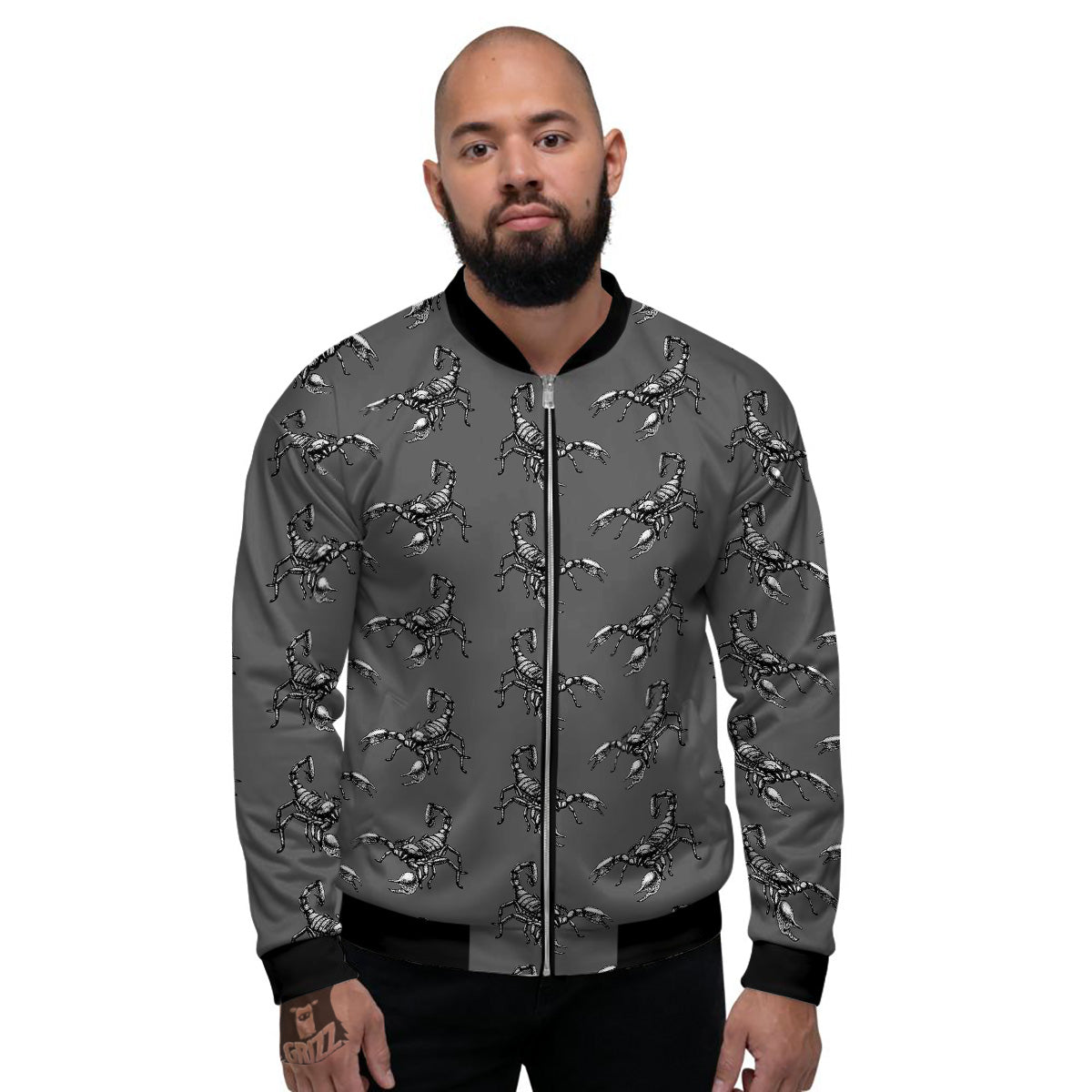 Grey Hand Drawn Scorpion Print Pattern Men's Bomber Jacket-grizzshop