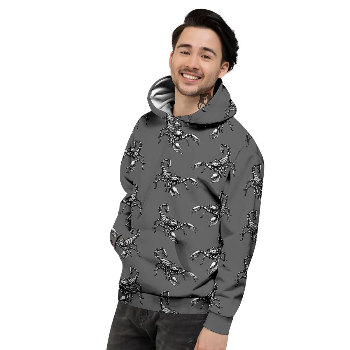 Grey Hand Drawn Scorpion Print Pattern Men's Hoodie-grizzshop