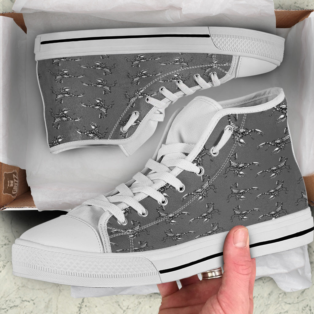 Grey Hand Drawn Scorpion Print Pattern White High Top Shoes-grizzshop