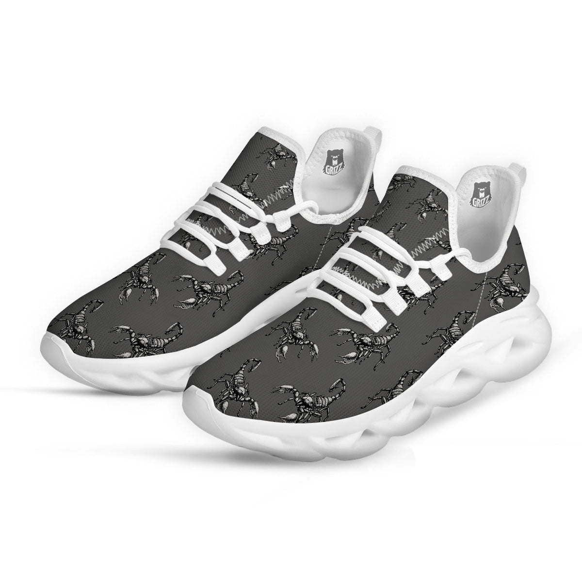 Grey Hand Drawn Scorpion Print Pattern White Running Shoes-grizzshop