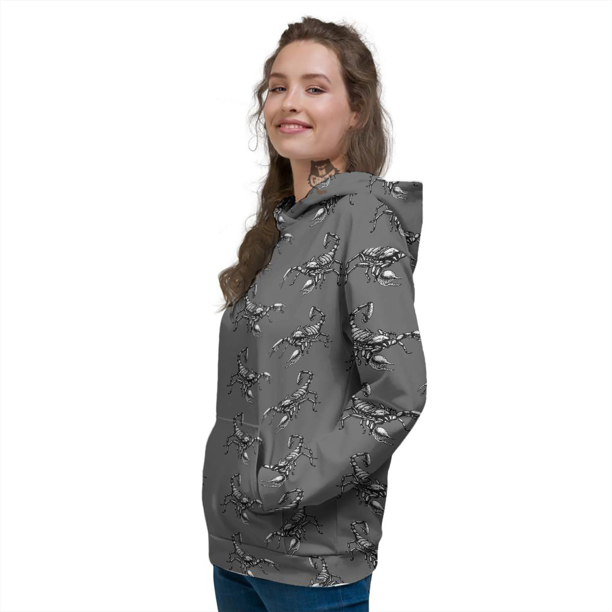 Grey Hand Drawn Scorpion Print Pattern Women's Hoodie-grizzshop