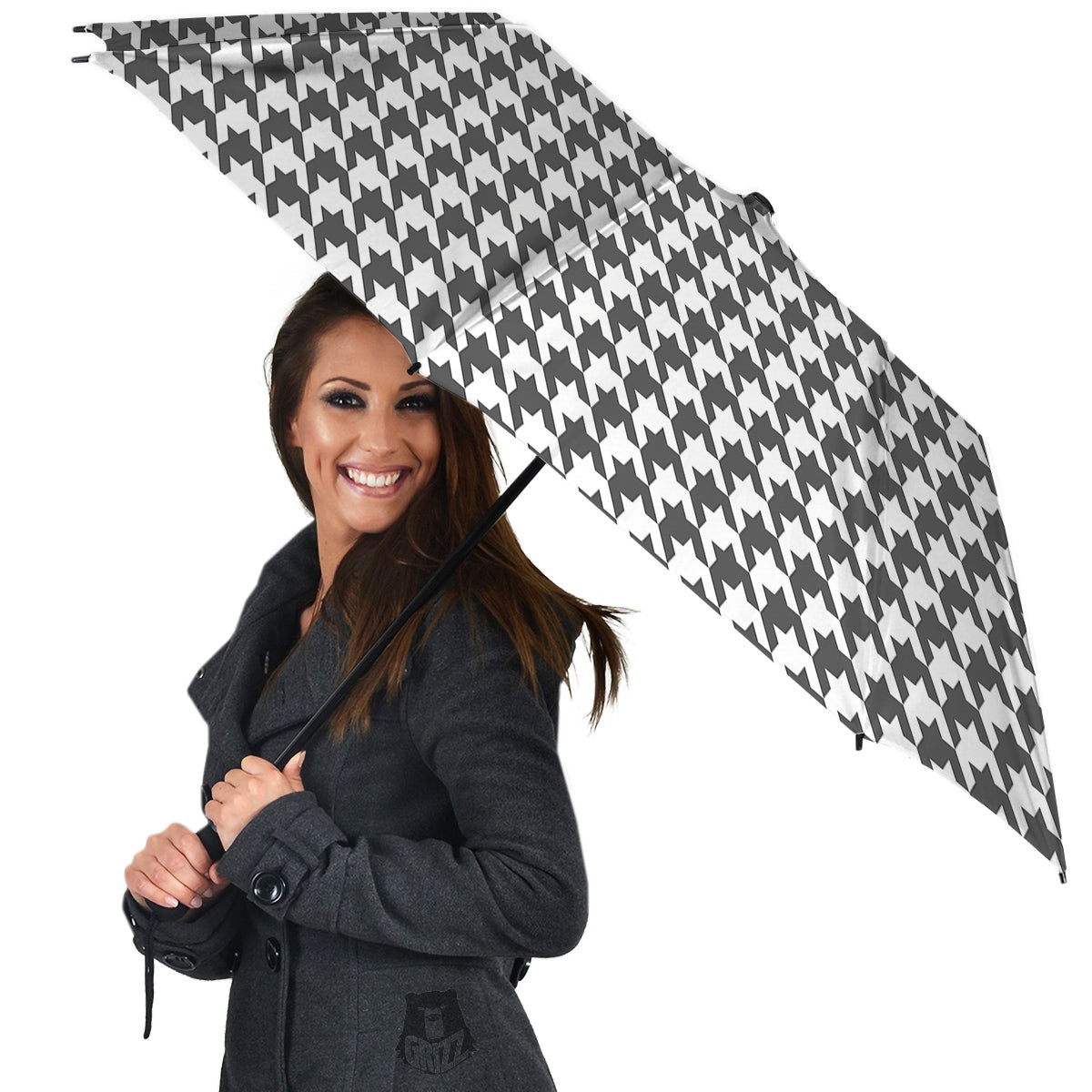 Grey Houndstooth Print Umbrella-grizzshop