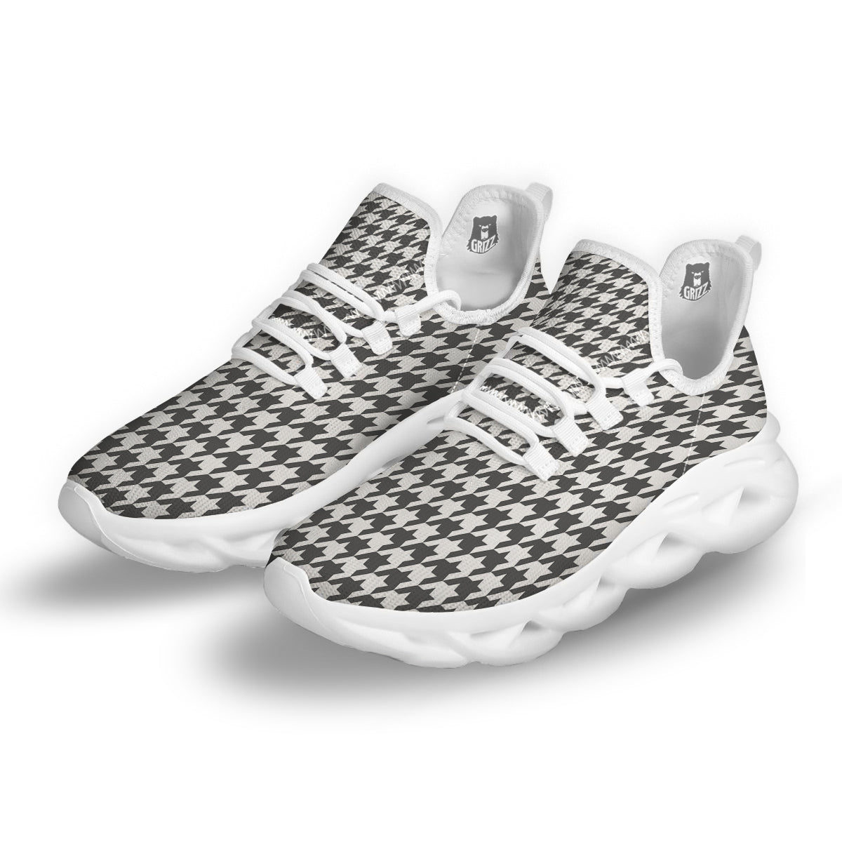 Grey Houndstooth Print White Running Shoes-grizzshop