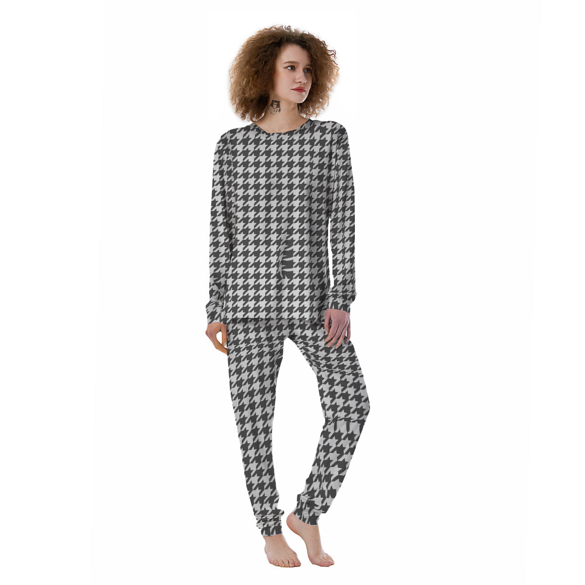 Grey Houndstooth Print Women's Pajamas-grizzshop